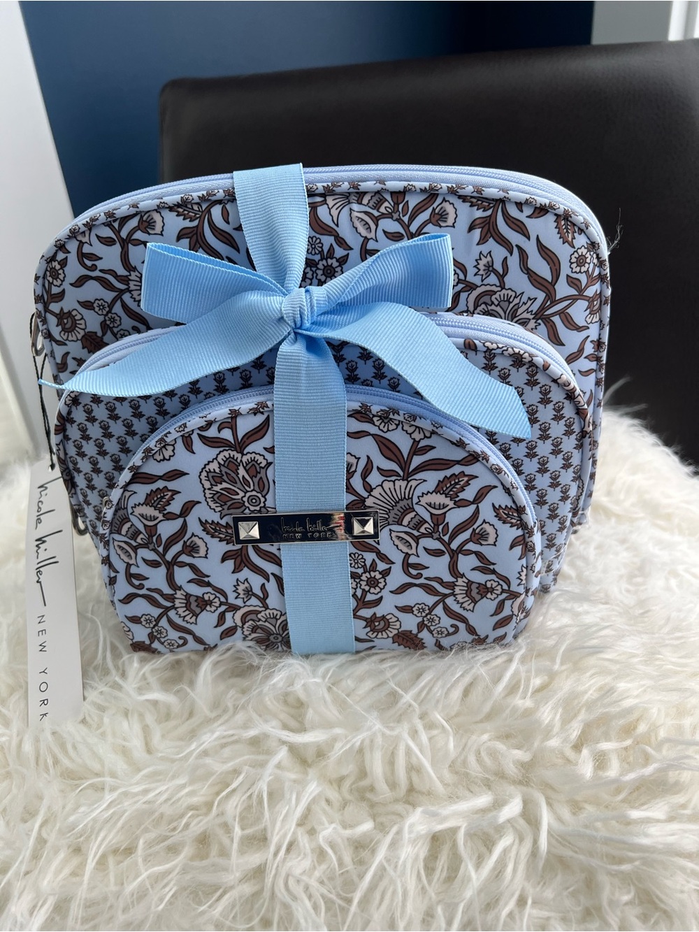 Nicole Miller Blue and Brown Floral Cosmetic Pouches with Bow
